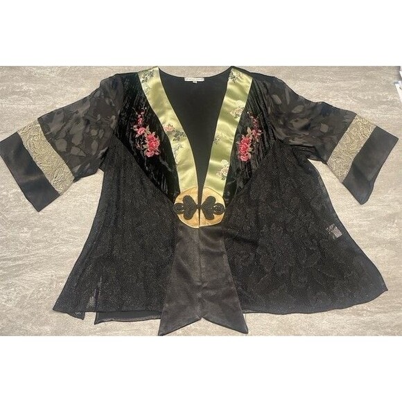 Spencer & Alexis 3X Velvet Burnout Kimono Embroidered Roses Floral Sheer Sleeve - Picture 2 of 8